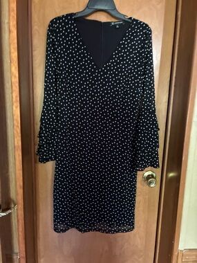 INC Polka Dot V-Neck Black Dress with Ruffle Sleeves Medium
